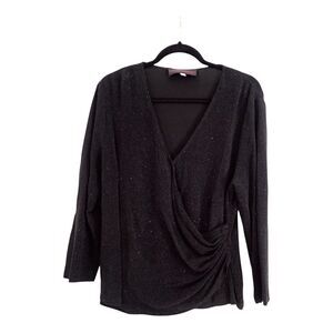 TOM & LINDA PLATT Vintage 1X Sparkle Cross Front Long Sleeve Black Ruched Blouse